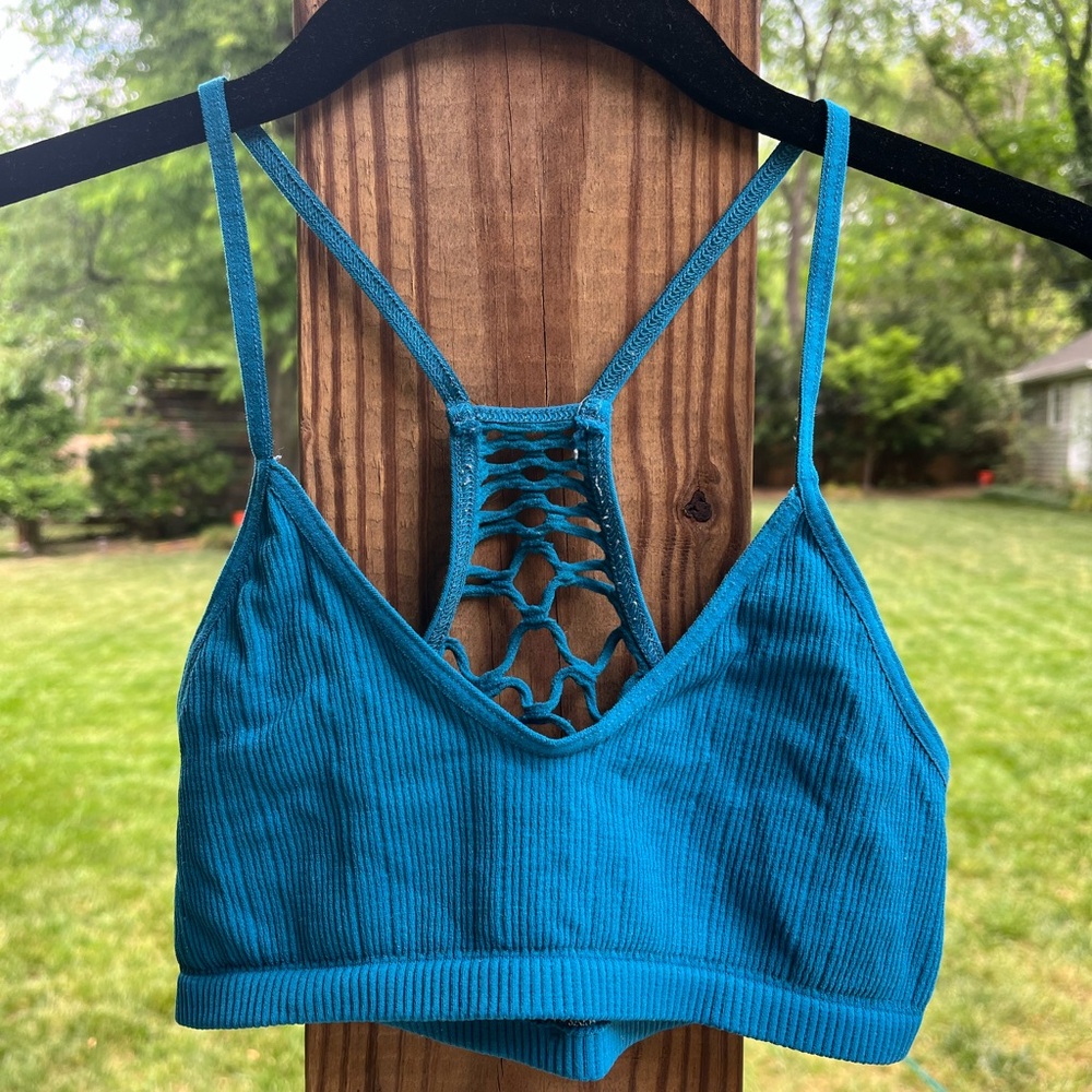 Free People Teal Ribbed Bralette with Macrame Back